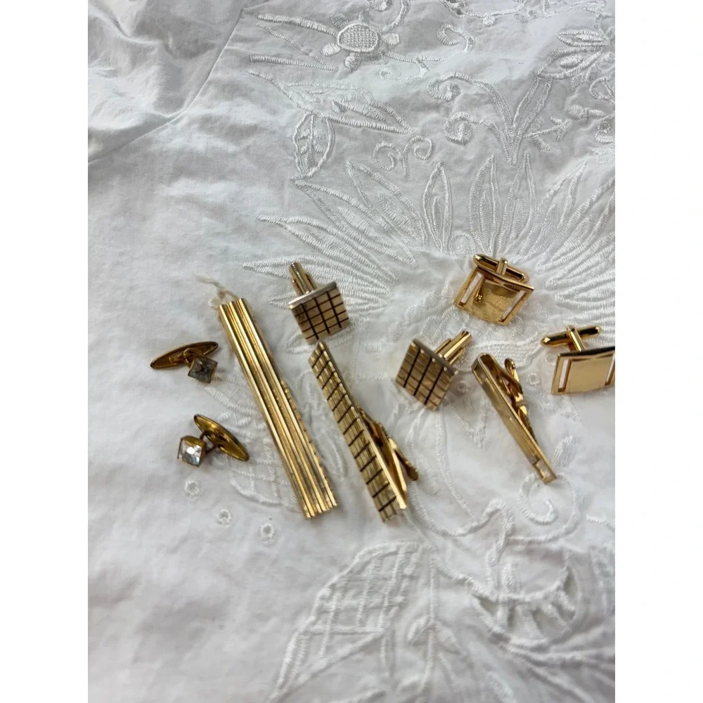 Mens‎ Gold Tone Cufflink Tie Clip Set Square Crystal Elegant Formal vintg